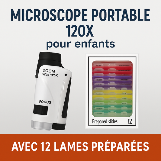 Microscope Portable 120X pour Enfants + 12 Lames Préparées – Loupe Scientifique Éducative