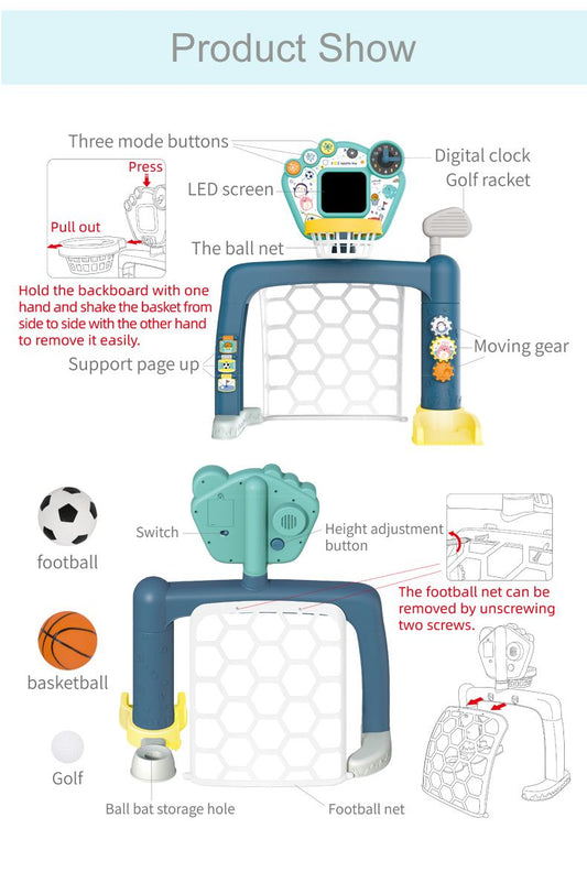 Stand 3‑en‑1 Junior Sports – Basket, Foot &amp; Golf pour Enfants
